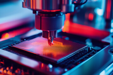Poster - computer chip is being etched into a silicon wafer. The image has a mood of precision and focus, as the machine is carefully etching the chip into the wafer