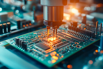 Poster - close up of a circuit board with a lighted component. Concept of precision and technical expertise, as the intricate design of the circuit board is illuminated by the light