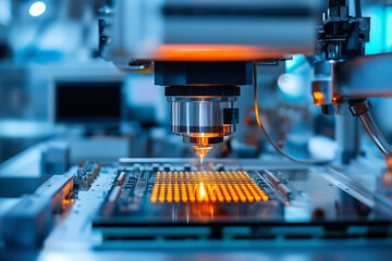 Poster - machine is making a circuit board with a bright orange light. Concept of precision and focus, as the machine is carefully crafting the circuit board. The bright orange light adds a sense of energy