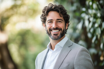 Poster - man with a beard and a smile is wearing a gray jacket and white shirt. He is standing in front of a tree