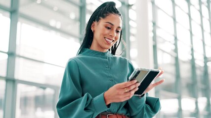 Aufkleber - Mobile, business woman and laugh in office for meme, joke or happy tax consultant scroll financial records. African worker, phone and reading email for income, returns and text message on internet