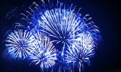 Poster - Celebratory circle of blue fireworks explodes against a dark sky made with Generative AI technology