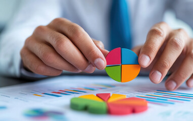 Poster - person analyzing data with colorful pie charts and graphs, showcasing business insights and statistics