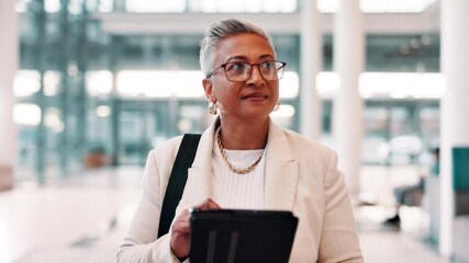 Aufkleber - Mature, tablet and business woman walk in office for investment banking, finance solution and reading email. Idea, digital technology and manager with vision for profit, economy news and planning