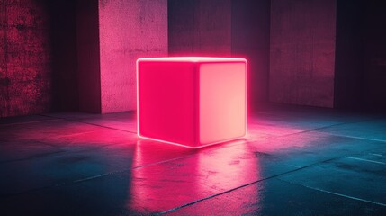 Aufkleber - A luminous glowing red cube illuminating a dark abstract architectural space