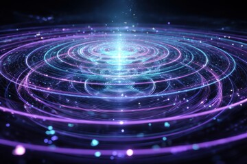 Fototapete - A mesmerizing display of concentric glowing rings in shades of blue and purple, emitting a radiant light from the center, creating an abstract futuristic design with intricate patterns.