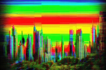 Poster - A vibrant, abstract cityscape rendered with glitch art effect, displaying a rainbow color palette and distorted lines, creating a modern, digital art piece.