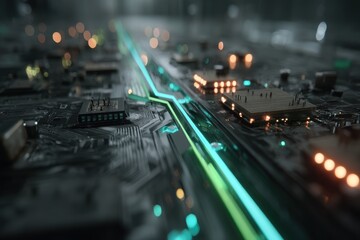 Poster - close-up shot of a complex computer circuit board with integrated components, showing a network of g