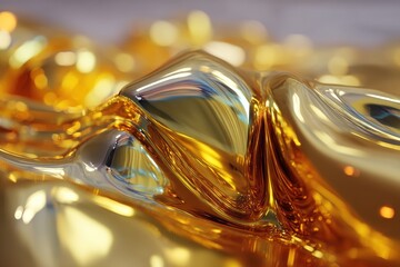 Poster - Abstract gold liquid waves with iridescent reflections, shimmering surface, providing a luxurious and futuristic aesthetic suitable for design backgrounds and wallpapers.