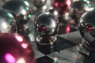  - A captivating close-up of decorative metallic spheres resting on a checkered surface, showcasing a play of light and reflection and artistic composition.