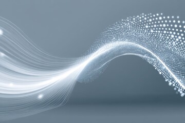 Poster - An elegant and modern abstract background featuring flowing white light lines and particles creating a dynamic wave effect on a smooth gray gradient backdrop.