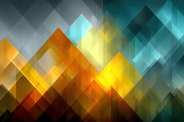 Poster - abstract geometric background with triangles in shades of orange, yellow, blue and gray, creating a 