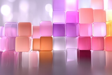 Poster - Abstract 3D rendering of stacked translucent rounded cubes in pastel colors, creating a visually appealing geometric pattern with reflections and soft lighting, modern design.