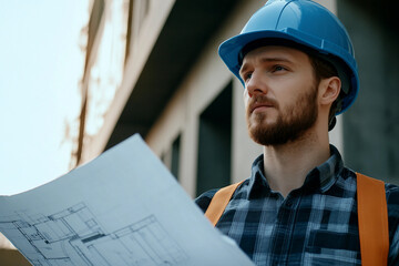 Poster - A portrait of a smiling young man in a construction, generative AI image
