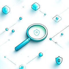 Aufkleber - Digital Security Audit: Magnifying Glass on Shield in Network of Connected Nodes, Emphasizing Data Protection and Threat Detection 