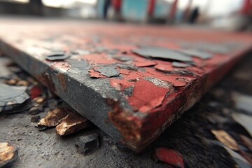 Poster - a close-up shot of heavily weathered metal surface with peeling red paint, revealing underlying rust