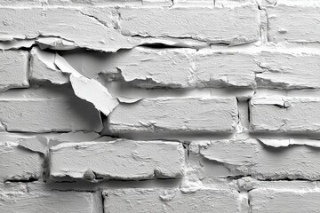 Poster - Close-up of a distressed white brick wall with peeling paint, showcasing texture and age, providing an abstract and artistic background for various design purposes.