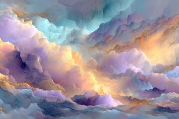 Poster - An abstract landscape with vibrant clouds and a surreal, dreamlike atmosphere, created with soft pastel colors and flowing, organic shapes in a dynamic composition.