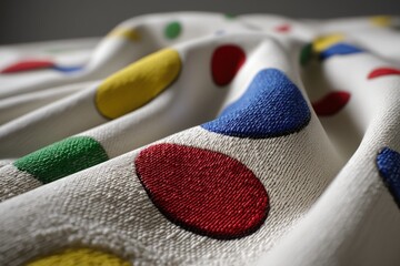 Poster - A close-up of a colorful polka dot fabric with texture and depth, creating a playful and textured visual effect with primary colors and white background.