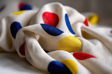 Poster - Close-up of a soft white fabric with a vibrant primary color pattern of red, blue, and yellow circles in a repeating polka dot design.