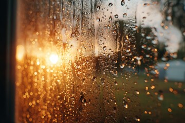 Poster - Golden hour light streaming through rain-streaked window, casting blurred shadows and creating a warm, moody atmosphere, enhancing the abstract view.