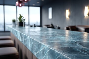 Poster - Close-up of a modern bar counter with a striking blue marble pattern, creating a stylish and sophisticated ambiance in a contemporary interior design.