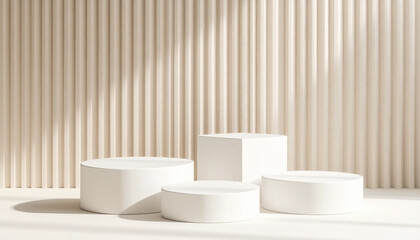 Wall Mural - 3d studio display showroom product pedestal, fashion stage showcase mockup scene. 3d white round pod