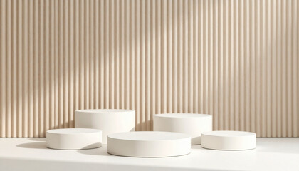 Wall Mural - 3d studio display showroom product pedestal, fashion stage showcase mockup scene. 3d white round pod