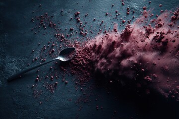 Poster - Dramatic explosion of red powder with a spoon against a dark textured background, creating a mesmerizing visual with dynamic motion and contrasting colors, an abstract composition.