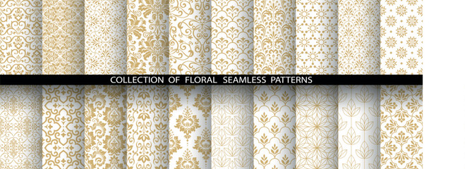 Fototapete - Geometric floral set of seamless patterns. White and golden vector backgrounds. Damask graphic ornaments