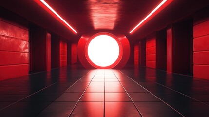 Aufkleber - A futuristic red tunnel leads to a large bright circular portal
