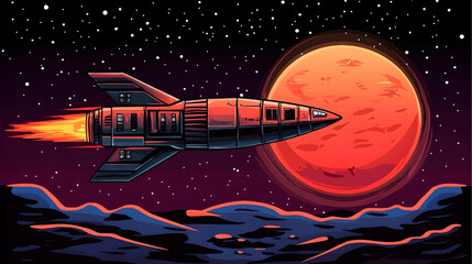 Wall Mural - retro rocket soaring past a red planet towards stars, space exploration journey