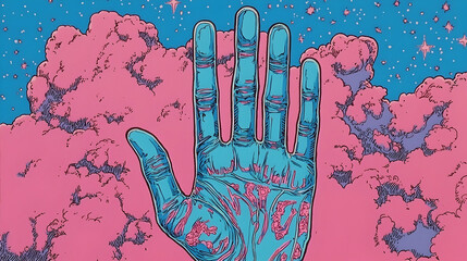 Wall Mural - hand reaching sky, pink clouds, starry night, surreal art, album cover