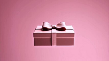 Poster - A beautifully wrapped gift box with a delicate bow is suspended in mid-air, set against a soft pink background.