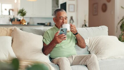 Poster - Phone, coffee and senior man on sofa in home with communication, contact or social networking. Relax, cellphone and elderly male person reading online news on mobile app in living room at house.