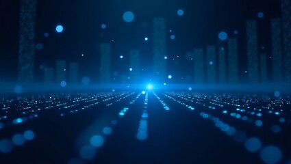 Poster - abstract digital background of light streaks and particles against a dark blue background. The lights and streaks create a sense of movement and energy, evocative of a futuristic cityscape