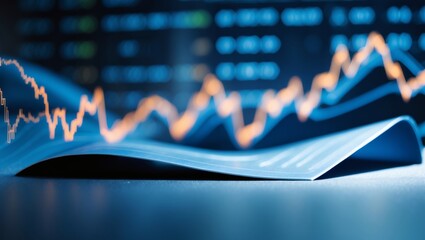 Poster - a blue and orange stock market graph chart, depicting a business growth, the graph's sharp rise in line with business success and upward trajectory.