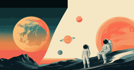 Poster - Futuristic Astronauts on Lunar Landscape with Planetary Backdrop in Retro Minimalist Style