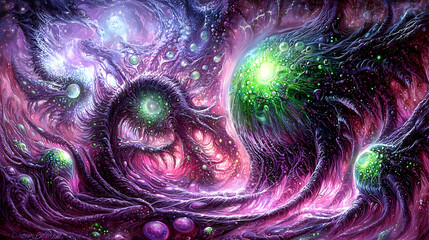 Wall Mural - cosmic entities interacting in a nebula, vivid colors and organic forms, sci-fi fantasy art for book