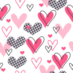 Leinwandbilder - Seamless pattern of hearts in various styles and sizes. The background is white, and the hearts are in shades of pink and black.