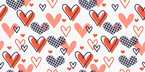 Leinwandbilder - The background is white, and the hearts are in shades of orange. Seamless pattern of hearts in various styles and sizes.