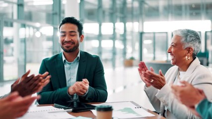 Aufkleber - Smile, business and man applause for meeting with good news, pitch success and celebration. Happy, fist bump and people clapping for congratulations, team achievement and promotion for proposal deal