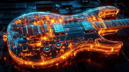 Poster - Abstract Electric Guitar Neon Glowing Lines Futuristic Technology Digital Art Design Transparent Glass Electronic Music Instrument Vibrant Orange Blue
