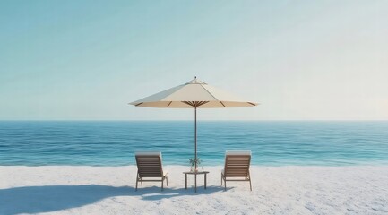 Poster - 穏やかなビーチの風景 青い海と白い砂浜にパラソルと椅子が配置された夏のバカンスのイメージ