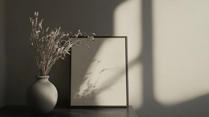 Poster - Elegant Dried Flowers in Grey Vase Minimalist Home Decor Modern Still Life Photography Neutral Tones Aesthetic Room Interior Design Simple Elegant    
