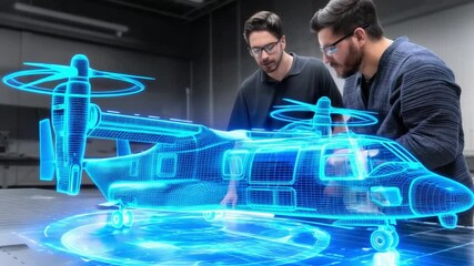 Poster - Engineers collaborate on holographic helicopter design in advanced technology lab