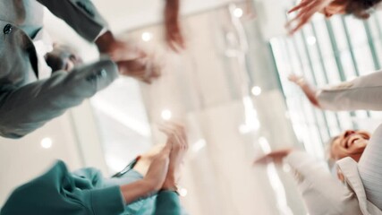 Poster - Business, people and throw documents with celebration for financial profit, applause and company success. Low angle, finance team and paperwork in air for sales target, funding approval and good news