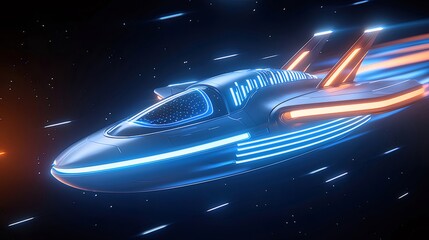 Poster - 宇宙空間を高速飛行する未来的な銀色の宇宙船 鮮やかな青とオレンジのライトが輝く背景