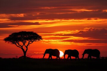 Aufkleber - 夕焼け空に浮かぶシルエットのアフリカゾウの群れ サバンナの夕暮れ時のオレンジ色の太陽の風景