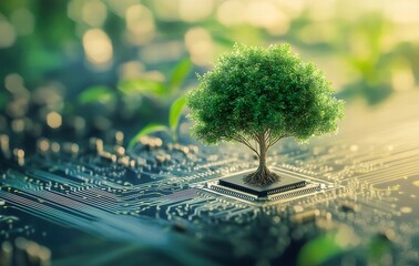 Poster - 回路基板上に生い茂る緑の木 環境とテクノロジーの融合 光沢のある明るい背景